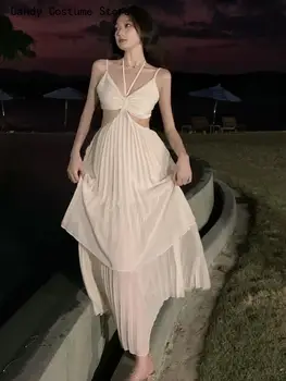 Лятна дълга рокля, ново модно дамско секси плиссированное плажна рокля в стил бохо с каишка трапецовидна форма, женски халат за баня-сарафан