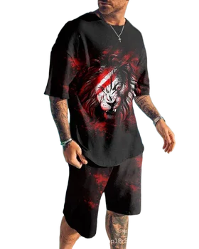 Лятна мъжка тениска с кръгло деколте и 3D-принтом + шорти от 2 теми, плажни и ежедневни спортни дрехи, мъжки комплект, модни градинска облекло в стил хип-хоп