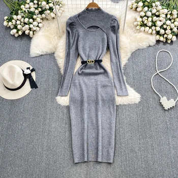 Модерен есенно-зимния рокля-пуловер с висока деколте и дълъг ръкав, женски дебнещ рокля с колан за гърдите, обтягивающее Сиво дълго трикотажное отдолу рокля