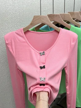 Модерна дамска тениска, Корейската реколта тениска за момичета Y2k, дрехи на 90-те години, обикновен тънък секси топ с V-образно деколте и дълъг ръкав, розови тениски