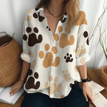Модерна риза за офиса си на открито, дамски класически однобортная риза, есенна риза с дълги ръкави с 3D-принтом под формата на кучешки дланта