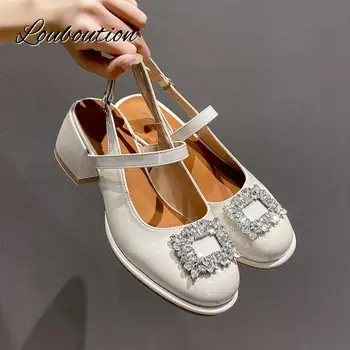 Модерни малки кожени обувки Дамски обувки с кръгла глава и квадратна корен диамантен пръстен в стил ретро Женски обувки Mary Jane за партита Скъпа униформи Дамски обувки