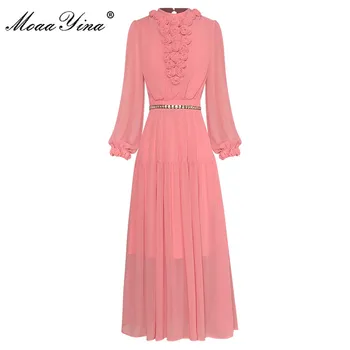 Модерно дизайнерско лятна рокля MoaaYina, женствена рокля с аппликацией под формата на фенерче с дълъг ръкав, шифоновые рокля дантела