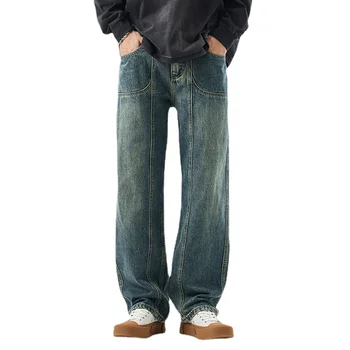Модни дънки в американски стил в стил мозайка, мъжки есенно-зимни нови реколта и универсални свободни дълги панталони с прав штанинами.