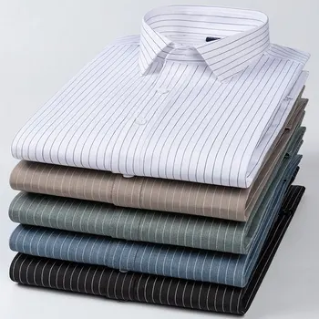 Мъжка раирана стрейчевая риза от бамбуково влакно С дълъг ръкав, не разглаживающая бръчки, Официално меки модерни ежедневни бизнес офис ризи