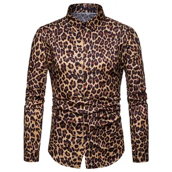 Мъжка риза с леопардовым принтом, приталенные ризи, блузи копчета с дълъг ръкав, ризи