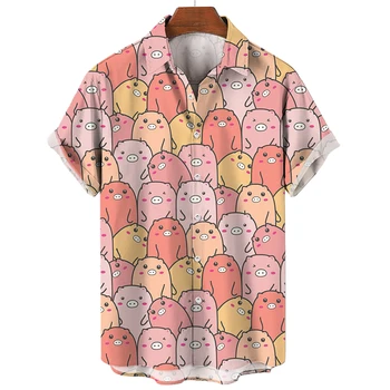 Мъжка риза с Хавайски Мъжки Дрехи С къс Ръкав, с Модерна Риза с Копчета За Момичета, Кавайный Топ С Коте, Тениска Harajuku, Скъпа Блуза, Блузи