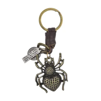 Мъжки ключодържател от естествена кожа, ретро малък подарък ключодържател от телешка кожа във формата на паяк, окачване на раница