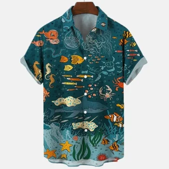 Мъжки Хавайска Риза С Къси Ръкави, Летен Случайни Тенденция, 3D Печат, Негабаритная Дишаща Готина Златна Рибка В Полка точки