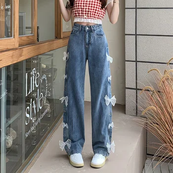 Нова корейската мода, градинска облекло в стил харадзюку, широки панталони, всекидневни сладки директни дънкови панталони свързани с лък и висока талия