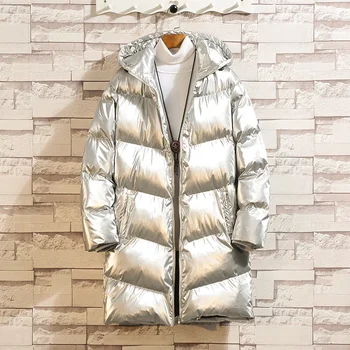 Нова мода 2023 г., ярка сребърна зимно мъжко яке, мъжки якета и палта с памучна подплата, топло дълга парка с качулка, мъжки