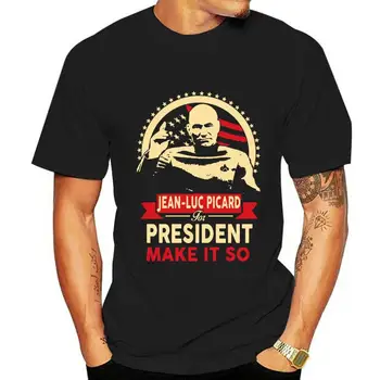 Нова тениска humor, черна мъжки памучен брандираната тениска JEAN LUC PICARD FOR PRESIDENT, тениски СЪС звездите, реколта тениска с графичен дизайн-къс ръкав