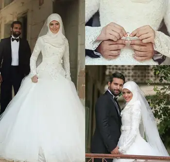 Нови арабски ислямски мюсюлмански булчински рокли Трапецовидна форма, Дантелени зимни сватбени рокли с дълги ръкави и високо деколте, рокли за Средния Запад на Пакистан