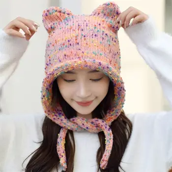 Нови зимни дамски шапки, цветни вязаный пуловер, шапка със собствени кошачьими уши, Дебели Топли дамски шапки Мразоустойчив
