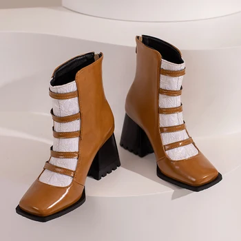 НОВИ маркови дамски есенни и зимни топли обувки, модерни обувки на висок ток и платформа, черни, кафяви ботуши с цип, женски ботильоны голям размер 47