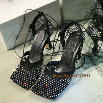 Нови модни дамски сандали, черни пикантни елегантни сандали с квадратни пръсти и мрежа с кристали, сандали на висок ток с кръстосани шнур