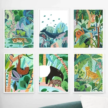 Плакат с животни в тропическите гори, пейзаж зелени гори, платно, печат за дома, хол, спалня, тапети в стил ар-деко