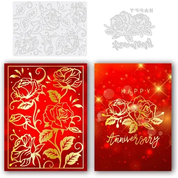 Плоча от фолио с роза, 2 бр., честит юбилей, цвете, метални печати от въглеродна стомана за производство на пощенски картички, украса на сватбен фестивал, хартиени изделия