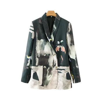 През пролетта на модерен сако в стил мозайка с принтом Вратовръзка Боядисват, дамски реколта горна дреха с джобове със средна дължина, Двубортный яке Femme H2914