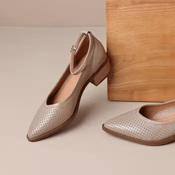 Размер 34-41 Дамски обувки на ток от перфорирана и дишаща естествена кожа, однотонная модни обувки на висок ток