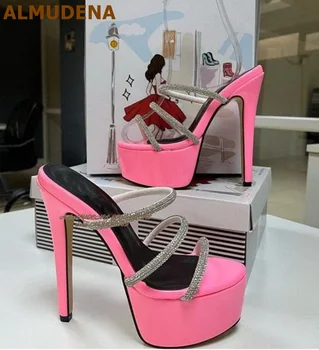 Розово-черните сандали ALMUDENA на тънък висок ток и платформа, блестящи кристални обувки с трикратно джапанки, Блестящи чехли с кристали на ремешке