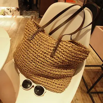 Сладки пътни универсални чанти за пазаруване на открито голям капацитет, дамски тканая чанта, в корейски стил, сламена чанта, чанта през рамо