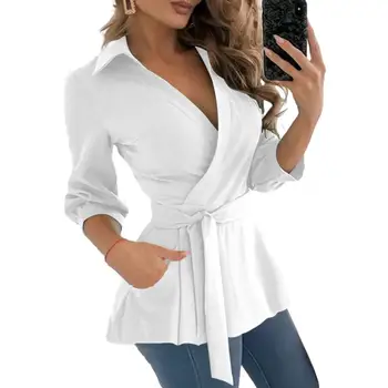 Удобна дамска риза с геометричен принтом, облегающая офис женска риза с джобове колан, елегантен женски есента V-образно деколте за работно облекло