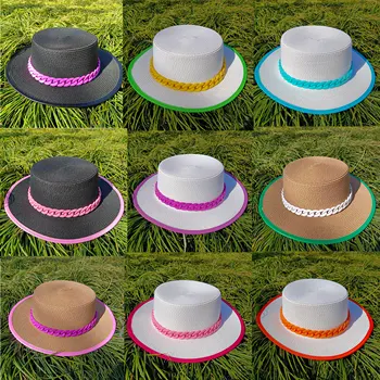 Цвят верига, лятната сламена шапка с широка периферия, солнцезащитная плажна шапка, Елегантна френска дамски панама с плосък връх Шапка