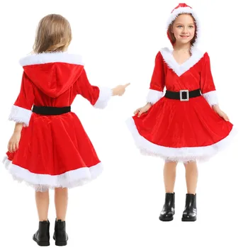 Червен коледен костюм на Дядо Коледа с качулка, рокля за момичета, детски карнавалните костюми за Коледно парти