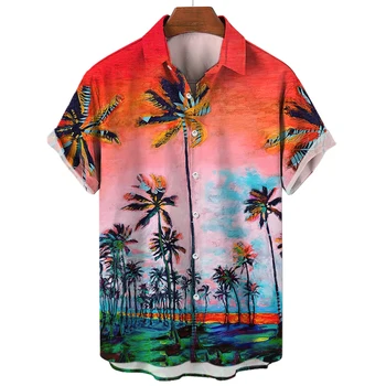 2023 Хавайски Мъжки Ризи Плажна Риза С Принтом Кокосова Палма За Модерен Мъжки Облекла С Ревера На Шията И Бутони, Блузи С Къс Ръкав
