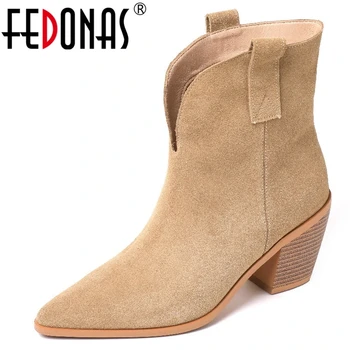 FEDONAS/ Обувки в западен стил, женски ботильоны, четырехсезонная обувки от волска кожа, велур на дебелите обувки, дамски ежедневни обувки с остри пръсти, лаконичная мода
