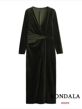 KONDALA, сексуална однотонное женствена рокля с V-образно деколте и дълъг ръкав, Тънка бархатное дълга рокля, мода 2023, Есен празнична вечерна рокля клуб