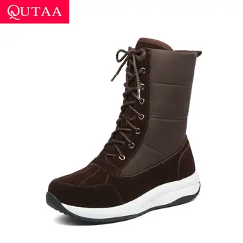 QUTAA/ 2021 Дамски зимни обувки на танкетке, запазването на топлина, ежедневни зимни ботильоны с кръгло бомбе, дамски обувки от волска кожа, велур дантела, размер 35-43