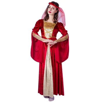 Възрастен Средновековен Костюм Принцеса Жени Хелоуин Възраждането Червени Рокли Пурим Cosplay Дрехи С Воал