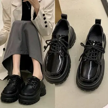 Дамски модни универсална кожена обувки, лято-пролет, Класически черни ежедневни дамски обувки в дебела подметка, обувките в стил колеж в ретро стил, Англия