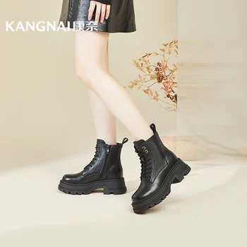 Дамски обувки Kangnai на финия меху, дантела, от волска кожа, с цип отстрани, с кръгло бомбе, дамски обувки на равна платформа, ботильоны