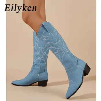 Дизайнерски ботуши до коляното в западен стил с бродерия Eilyken, дамски официални обувки на нисък ток с остър пръсти, летни есенни обувки.