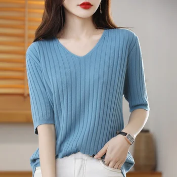 Есента женски вязаный пуловер с къс ръкав и V-образно деколте, риза на райета, топ 2023 г.,