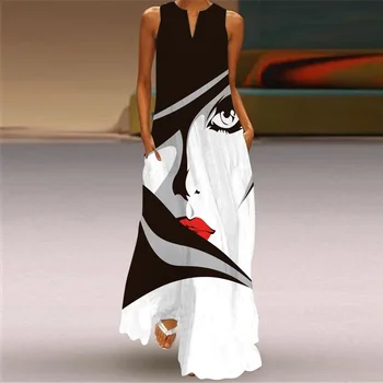 Жена без плажен сарафан с V-образно деколте и бохемски принтом, рокля с дължина до щиколоток, без ръкави