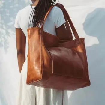 Жените имат голяма чанта от мека кожа, преносим носи етикет за услугата по рамото, реколта восъчна кожа, голям капацитет, 2023 нова чанта