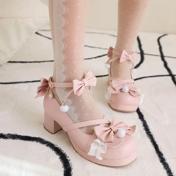 Женски обувки Мери Джейн на висок ток с препратка джапанки, вечерни сватбени обувки за cosplay, бели, розови обувки-лодка принцеса в стил Лолита 
