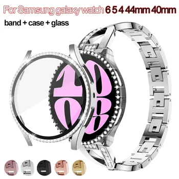 За Samsung galaxy watch 6 5 4 44 мм 40 мм и каишка + калъф лъскав метален ремък за galaxy watch 4 band стъклена защитно покритие на корпуса