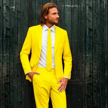 Изработена по поръчка модерен костюм за младоженеца Terno Masculino, 2 броя, жълти мъжки костюми за пушачи с ревери на една пуговице (сако + панталон)