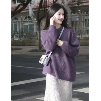 Корейски модерен Ретро Лилаво Свободен пуловер, женски есенно-зимния мохеровый пуловер от висшата мода с темперамент, връхни Дамски дрехи