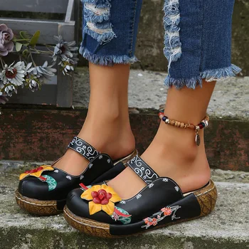 Летни дамски сандали на танкетке, чехли, пързалки ръчно изработени Дамски обувки с ръчно рисувани, артистична обувки за шиене в етнически стил ретро