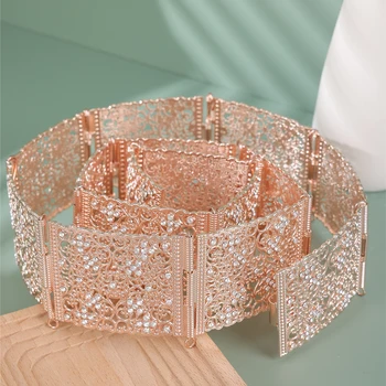 Луксозен Марокански колан за сватбена рокля с кристали, Метален позлатен колан за младоженци, Кафтан, Верига за тялото, бижута
