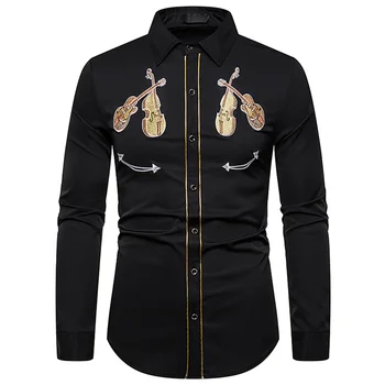 Мъжка риза в западен стил, модел с музикален инструмент, уличен принт копчета с дълги ръкави, модерна спортна градинска облекло