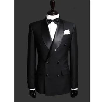Мъжки костюми, оборудвана сватбен Елегантен черен смокинг, костюм за мъже, двубортный блейзър от 2 теми, яке, панталони, костюми Homme