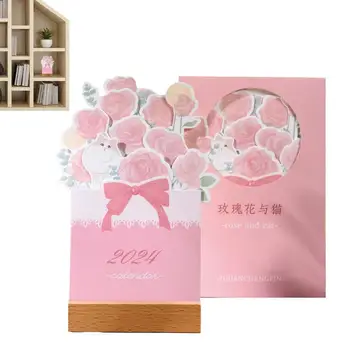 Настолен календар с цветя в 2024 година Хартиен дневник за цветна тема Красив декоративен дневно с дървена основа