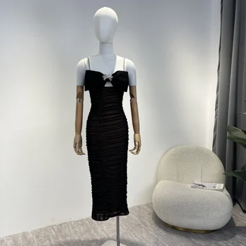 Нова колекция началото на есента 2022, Специално женствена рокля Midi без ръкави, с папийонка черен цвят за парти